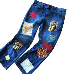 Upcycled Hippie Patchwork Jeans, Men’s Size 36/30: Handmade Bar Scene Patches